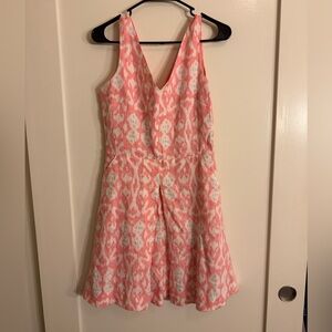 Gap 100% linen fit and flare dress in a pink and white ikat print